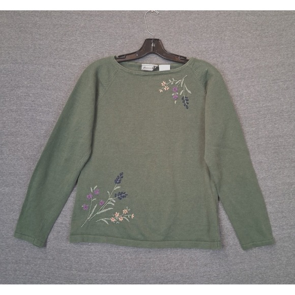 Delores Bell Sweaters - VTG Delores Bell Womens Sweater M Green Embroidered Floral Granny Cabin Cozy